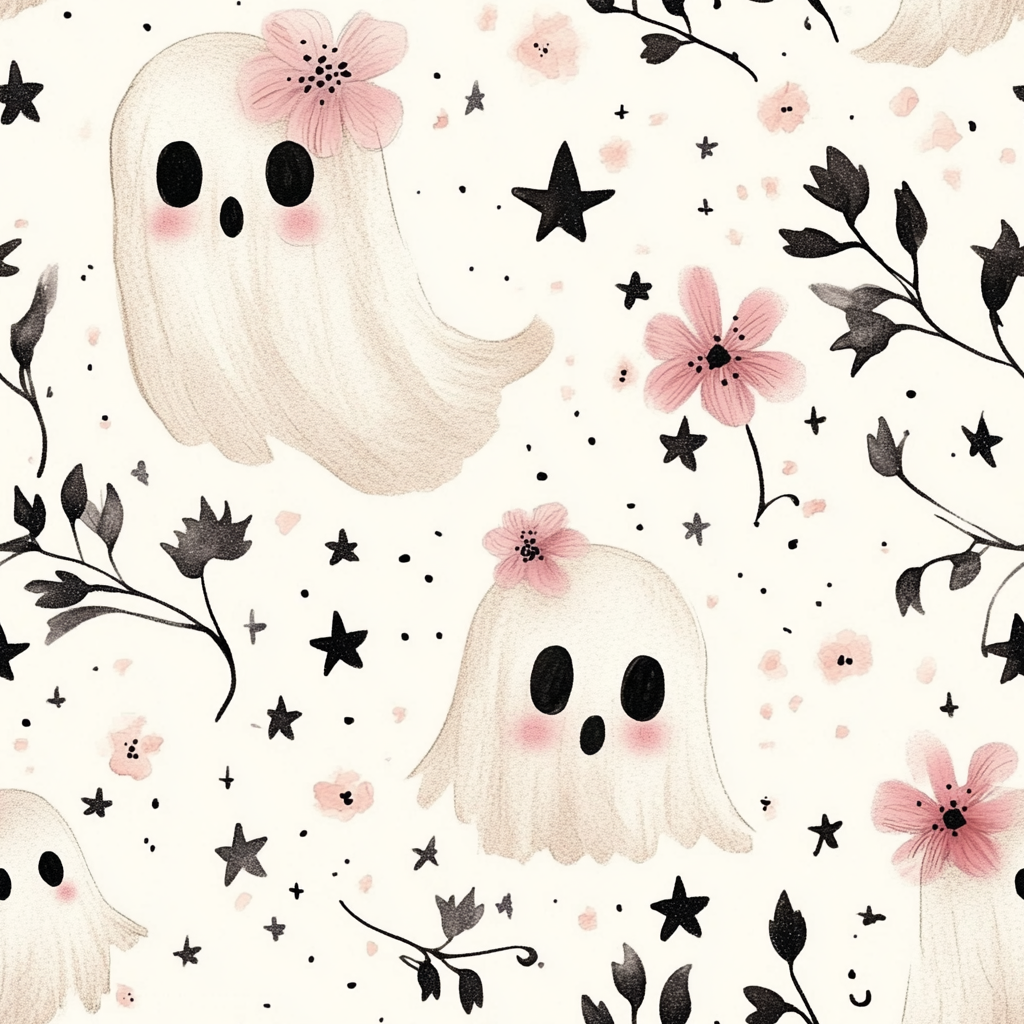 Cute ghost with flowers on head, stars, pink, black.