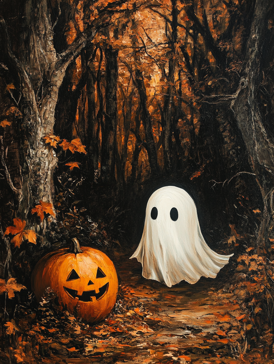 Cute ghost with pumpkin in dark autumn forest, oil painting.