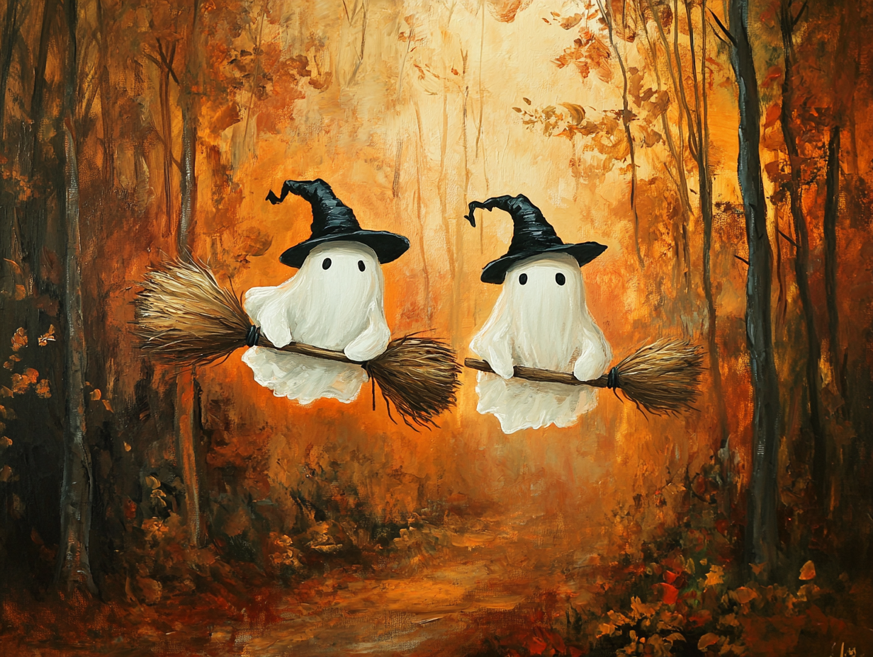 Cute ghosts in witch hats flying on broomstick 