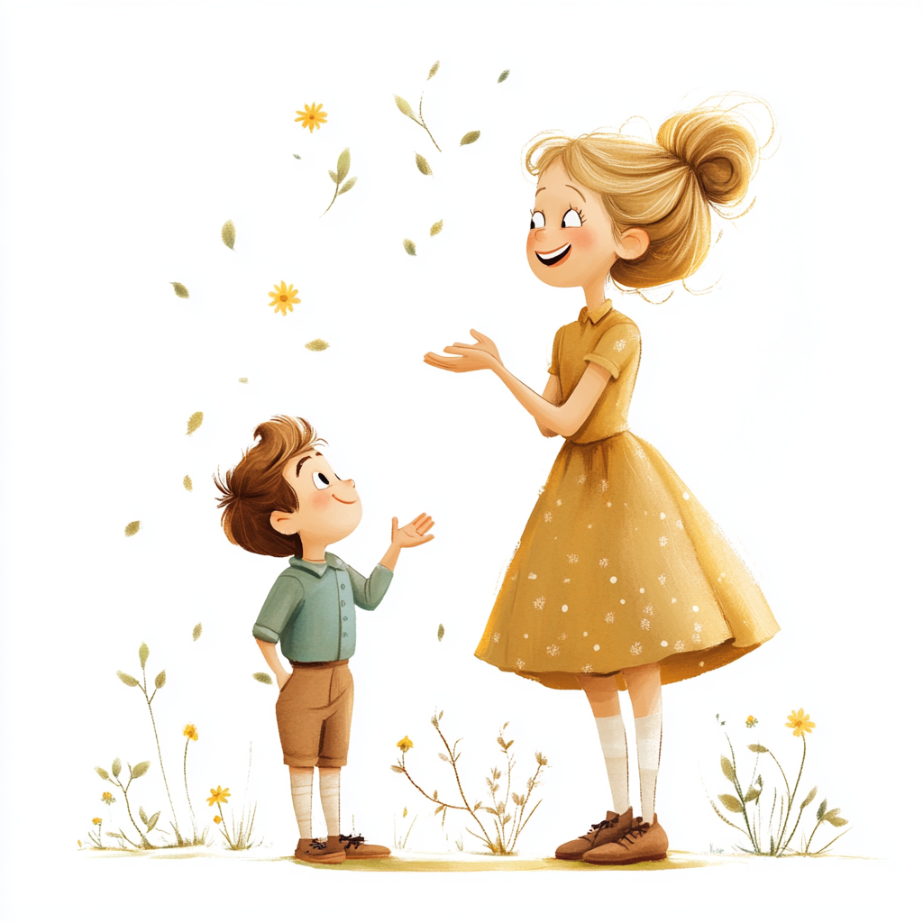 Cute girl and boy talking in spring setting, 3D 