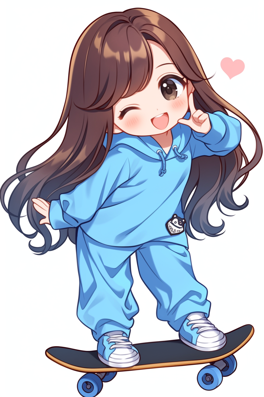 Cute girl in Armani tracksuit skateboarding