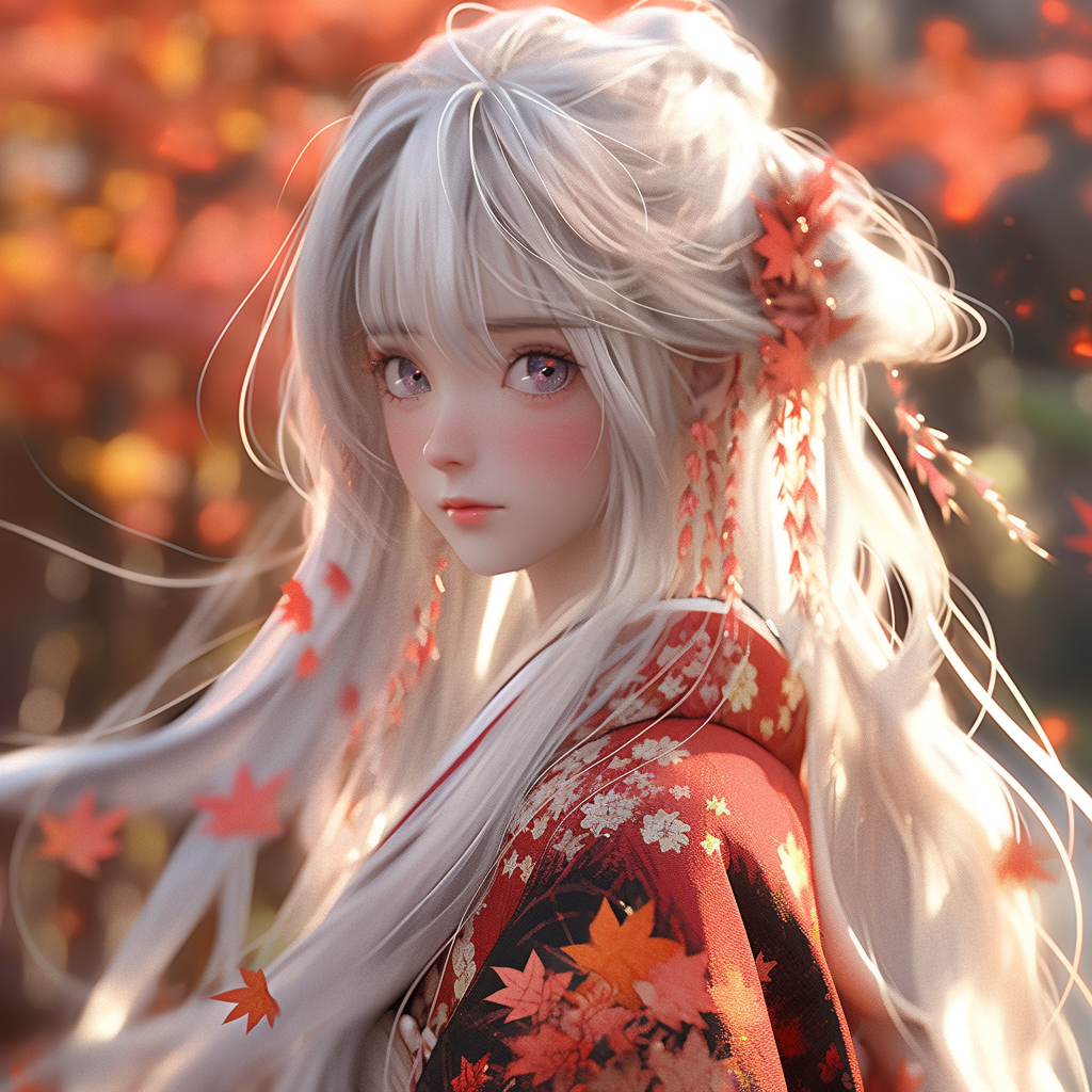 Cute girl with white hair in kimono, 3D animation.