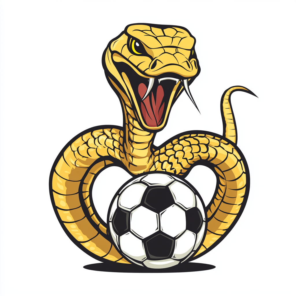 Cute gold cobra hitting soccer ball cartoon