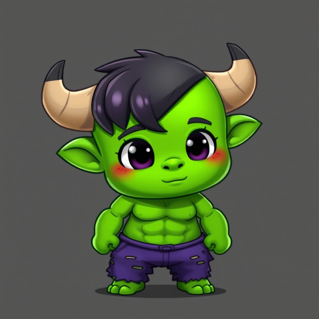 Cute green bull in torn purple pants.