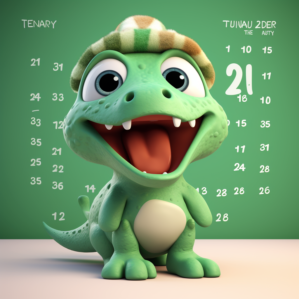 Cute green dinosaur in clay animation, with big eyes.