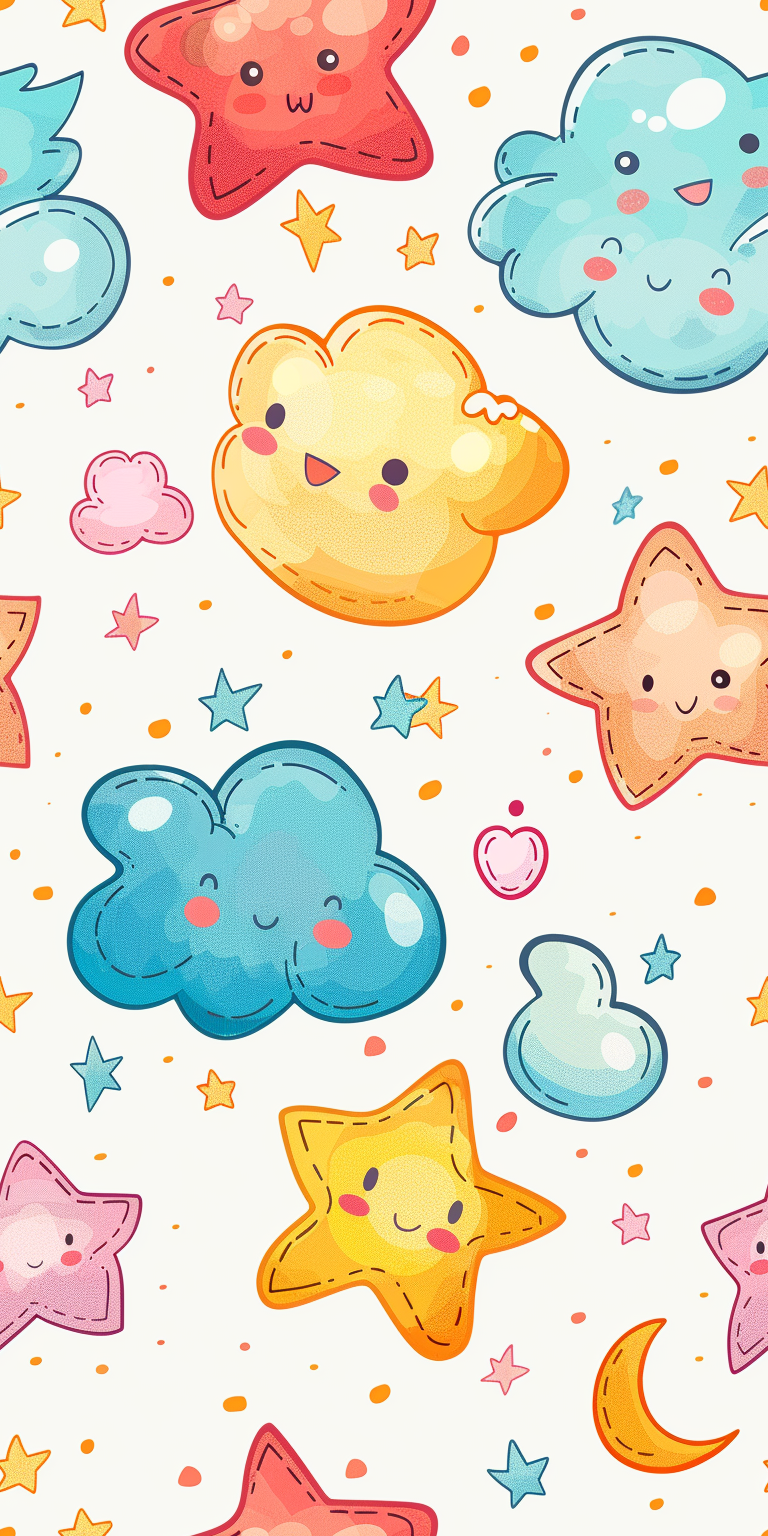 Cute kawaii details with chubby stars and hearts.