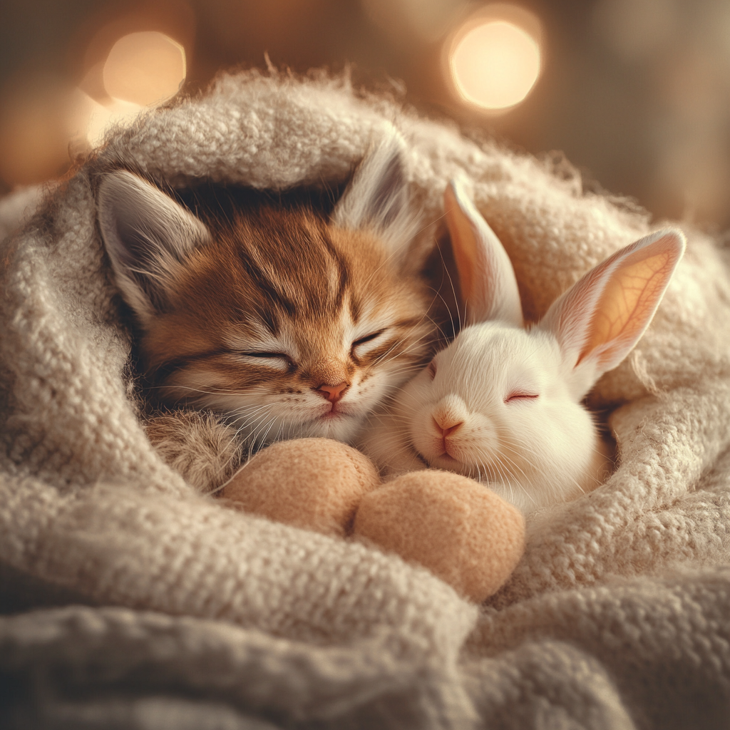 Cute kitten cuddling baby bunny in cozy room.