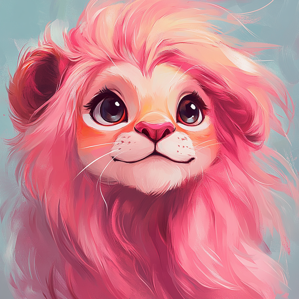 Cute lion character design with long pink hair.