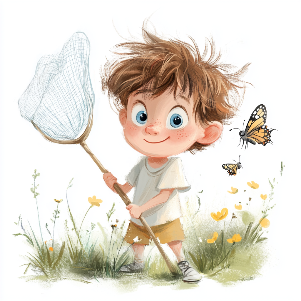 Cute little boy with messy hair catches butterflies.