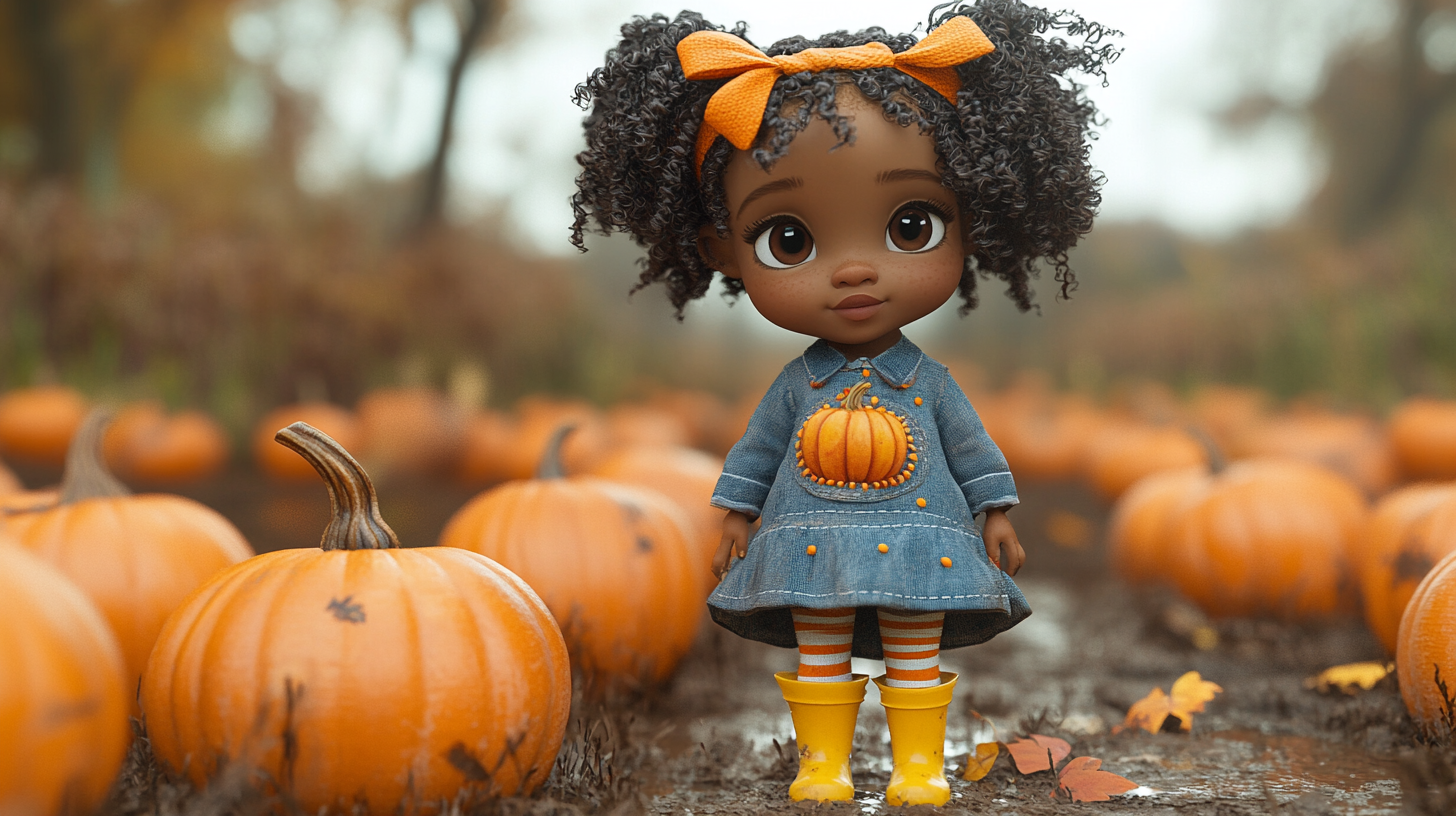 Cute little girl with pumpkin themed outfit, pixar style.