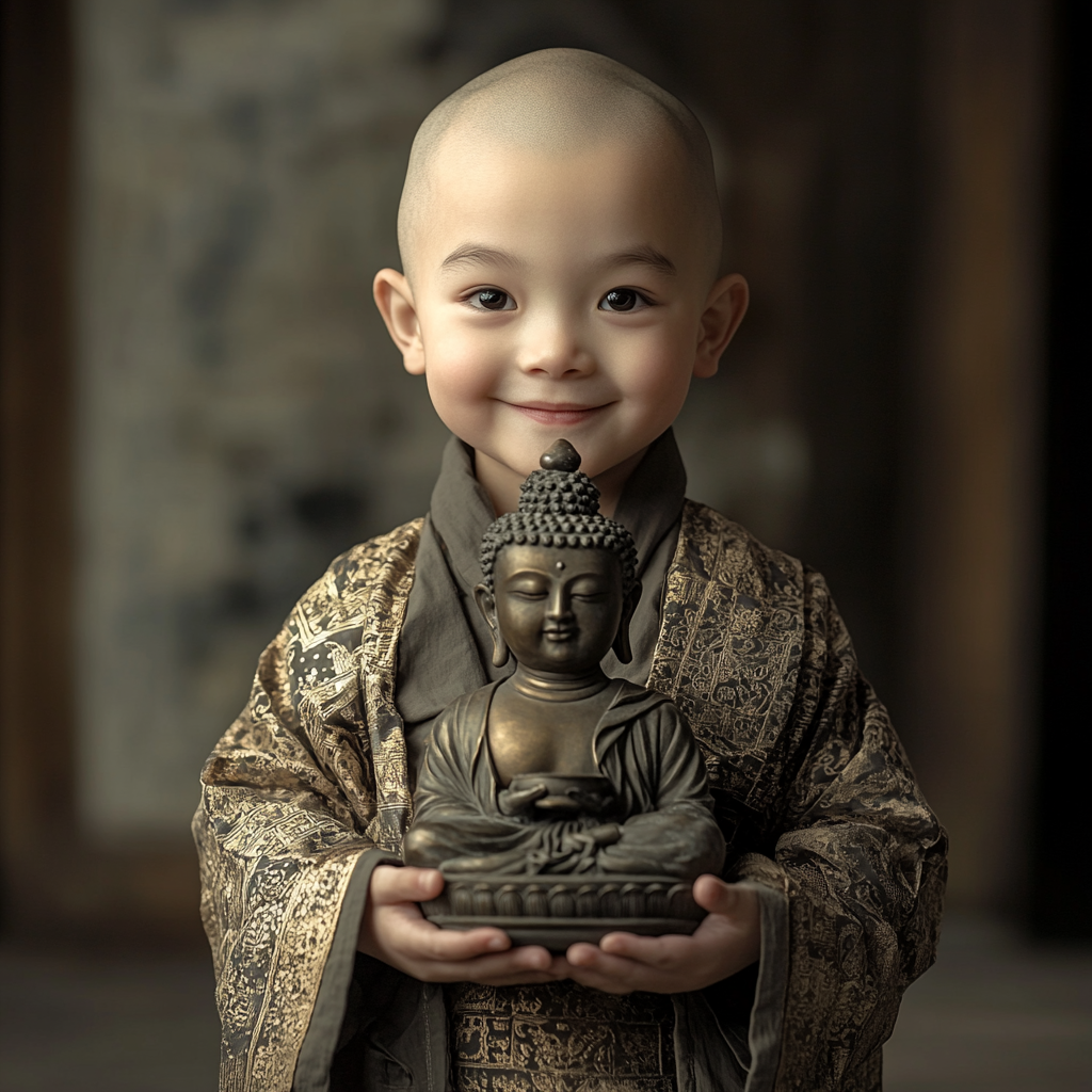 Cute monk holds bronze Buddha, smiles for camera.