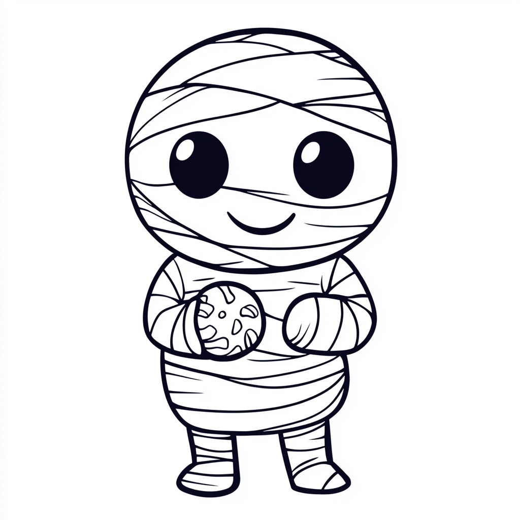 Cute mummy holding small candy in fun coloring page.