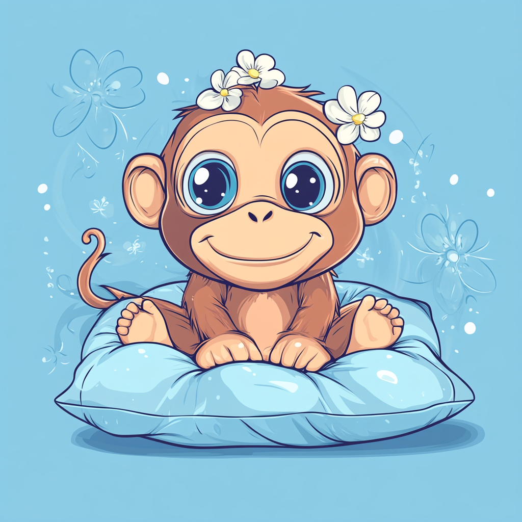 Cute orangutan on pillow with big eyes and flowers.