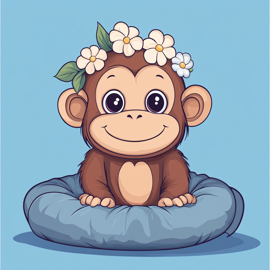 Cute orangutan with flowers on head sitting on pillow.