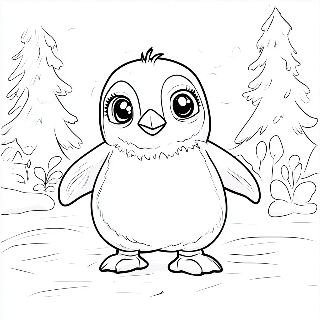 Cute penguin with oversized head, round body, large eyes.