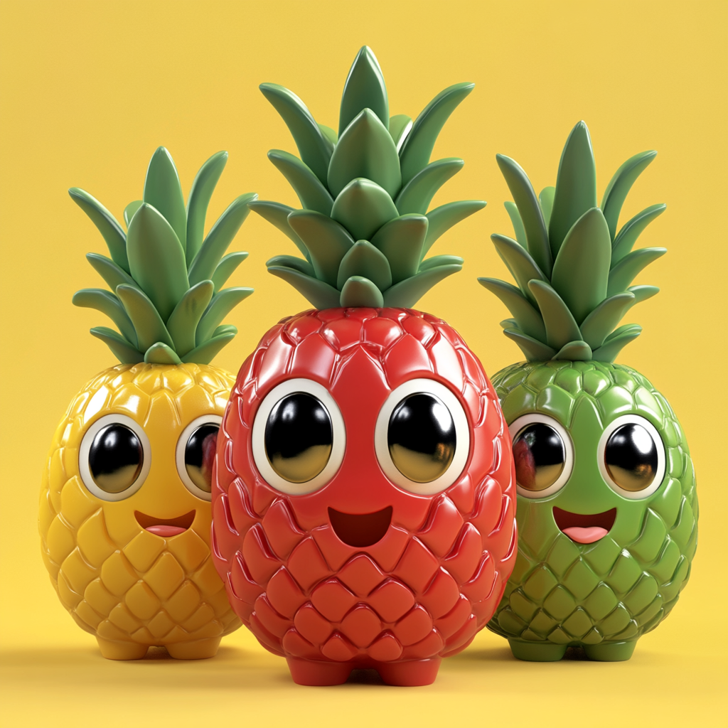 Cute pineapple characters with big eyes and smiles.