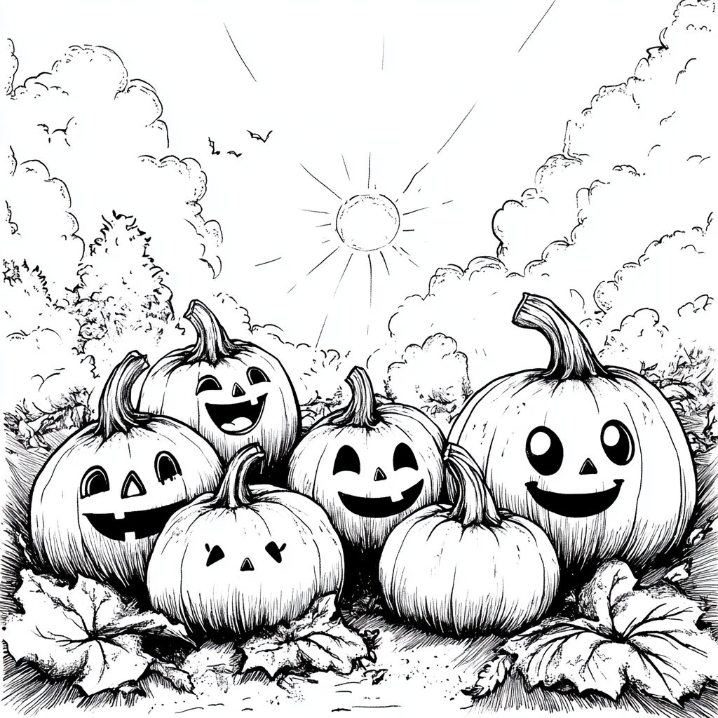 Cute pumpkin family in patch, sunny sky, smiling faces.