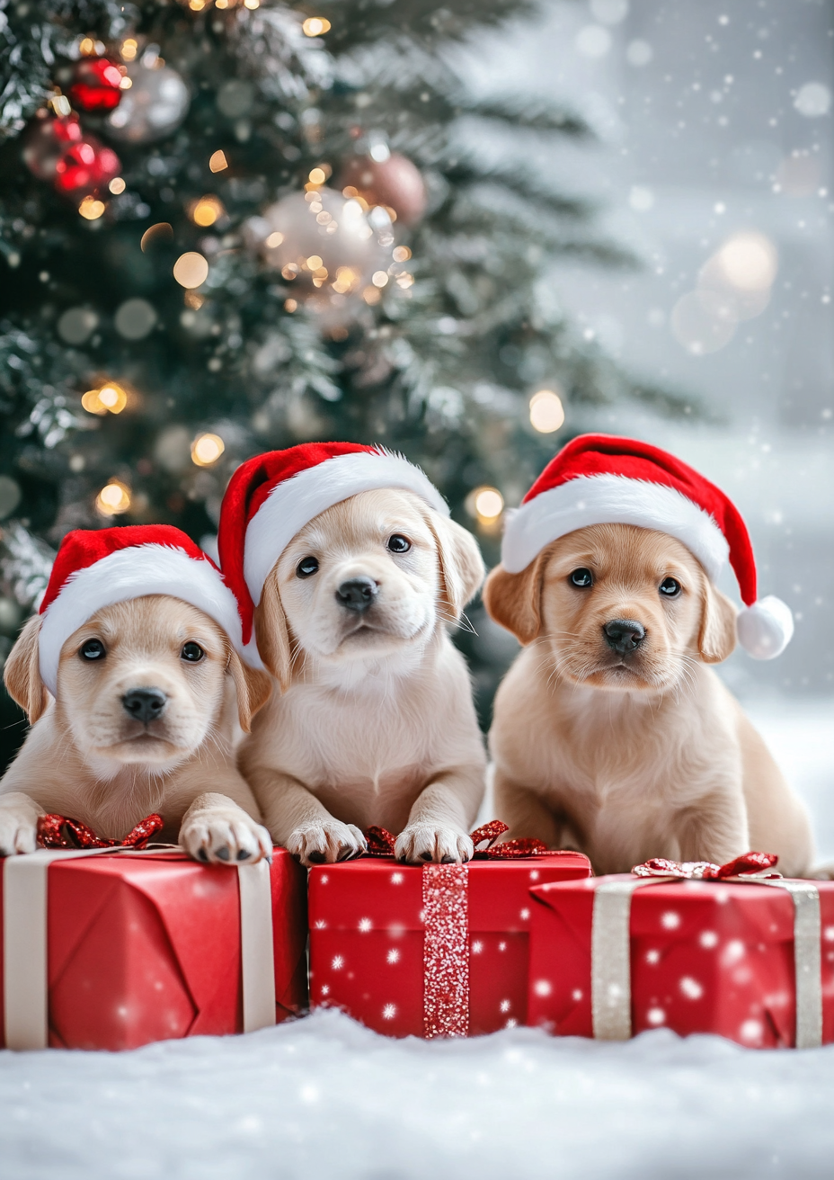 Cute puppies in Santa hats by Christmas tree