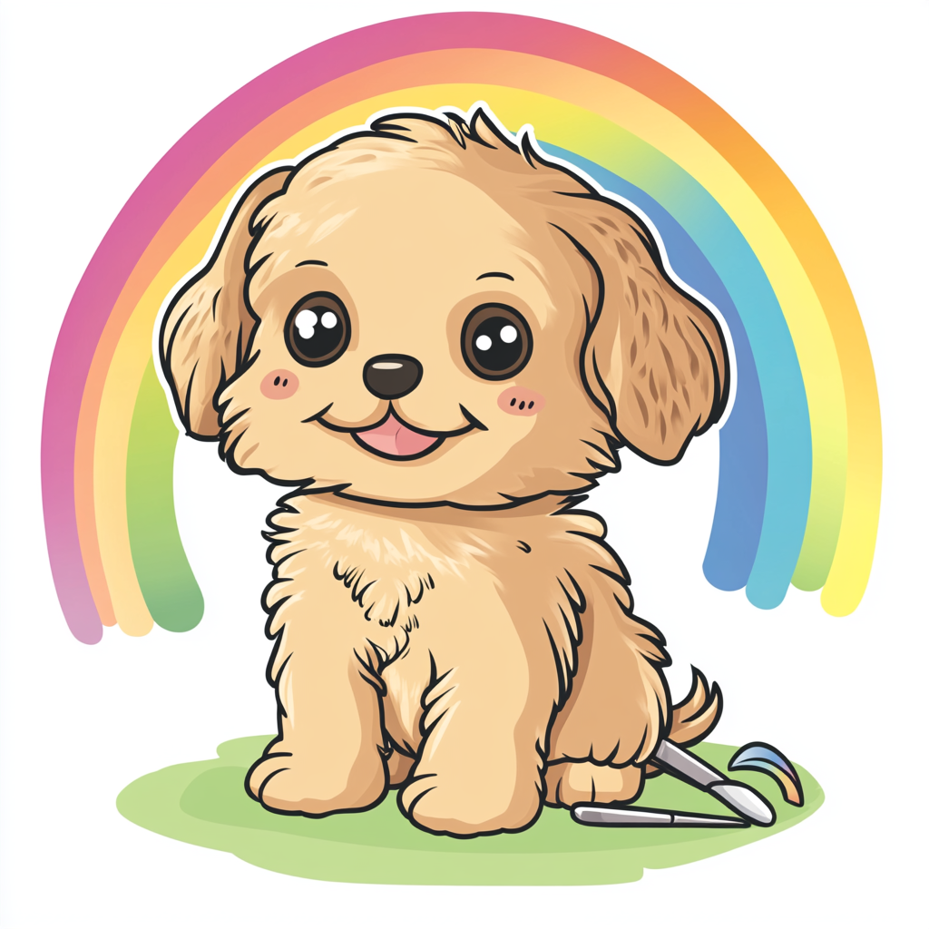 Cute puppy getting groomed with rainbow background circle.