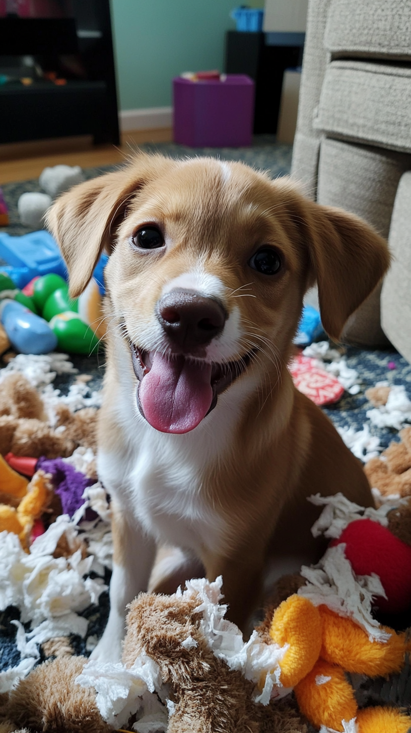 Cute puppy with toys, tongue out, smiling for camera.