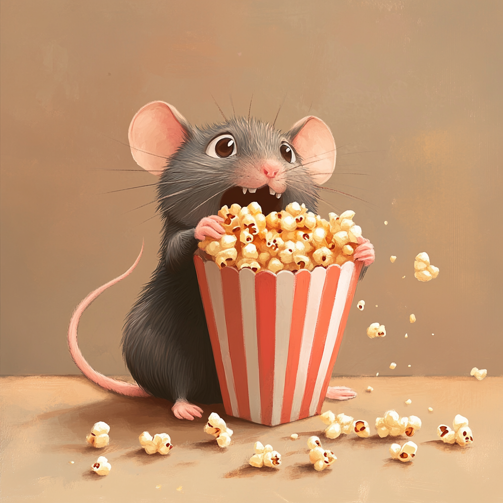 Cute rat sitting by popcorn cup, children's book.