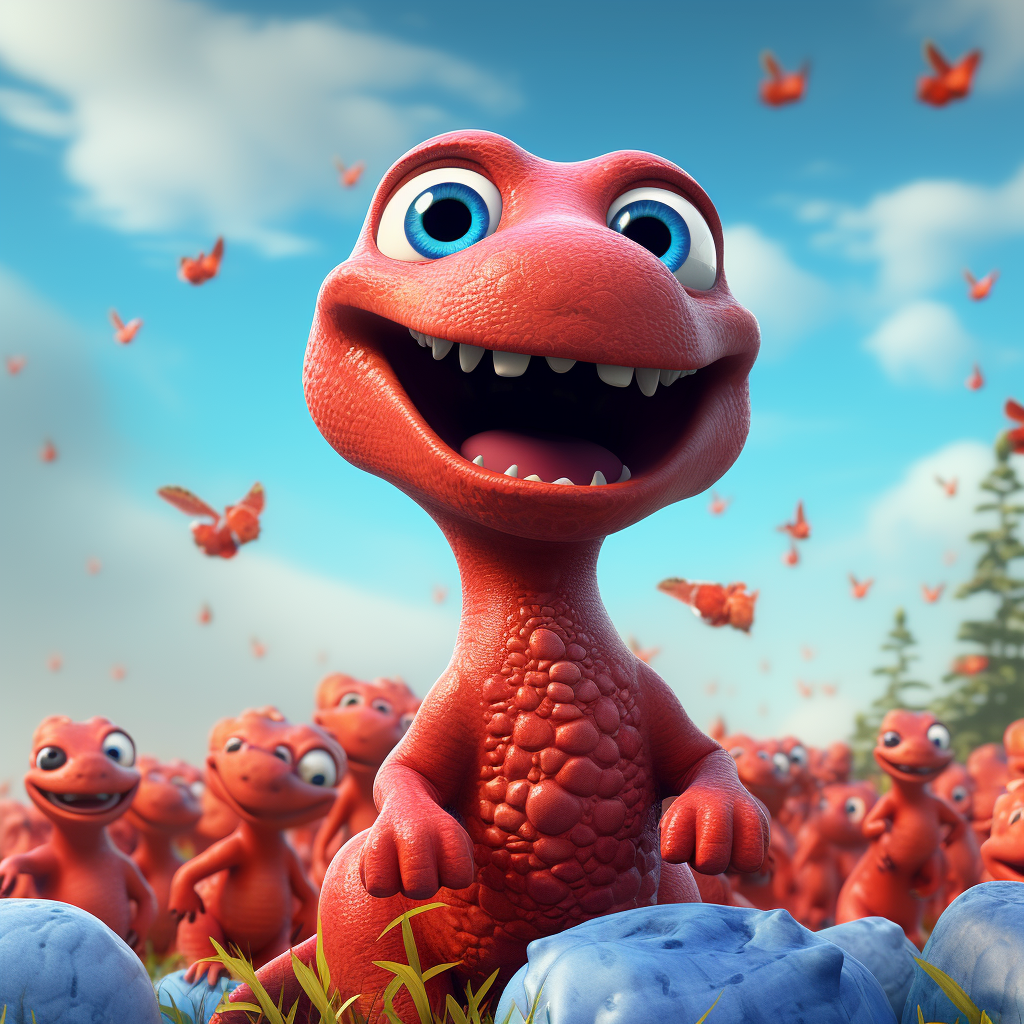 Cute red dinosaur kid with big eyes smiling joyfully.