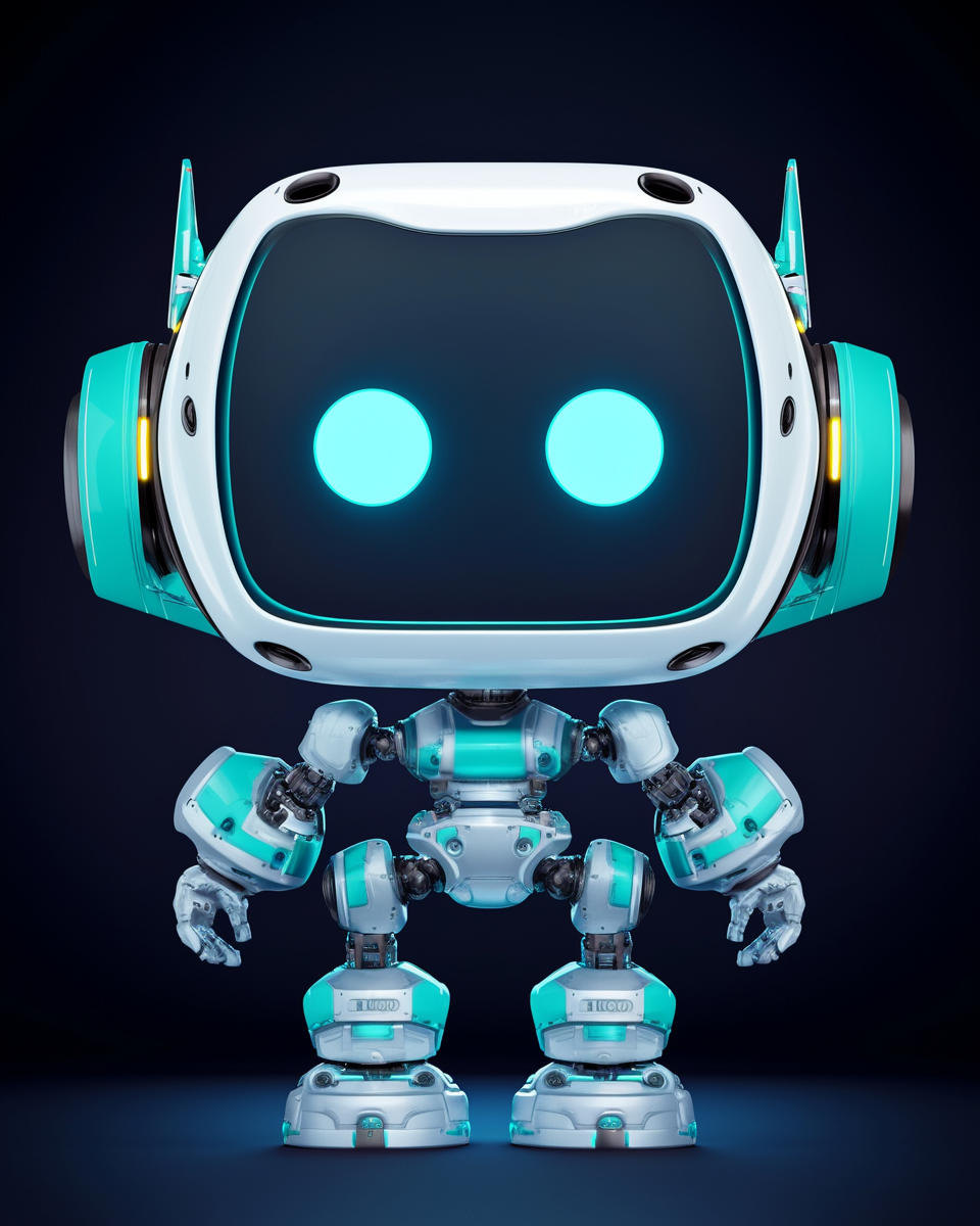 Cute robot with big eyes on black background