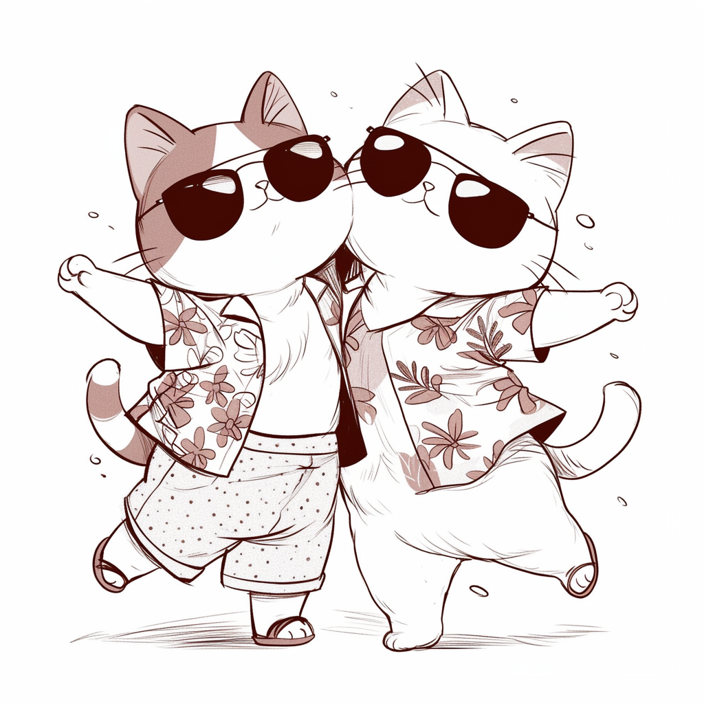 Cute silly cats dancing with sunglasses for kids to color.