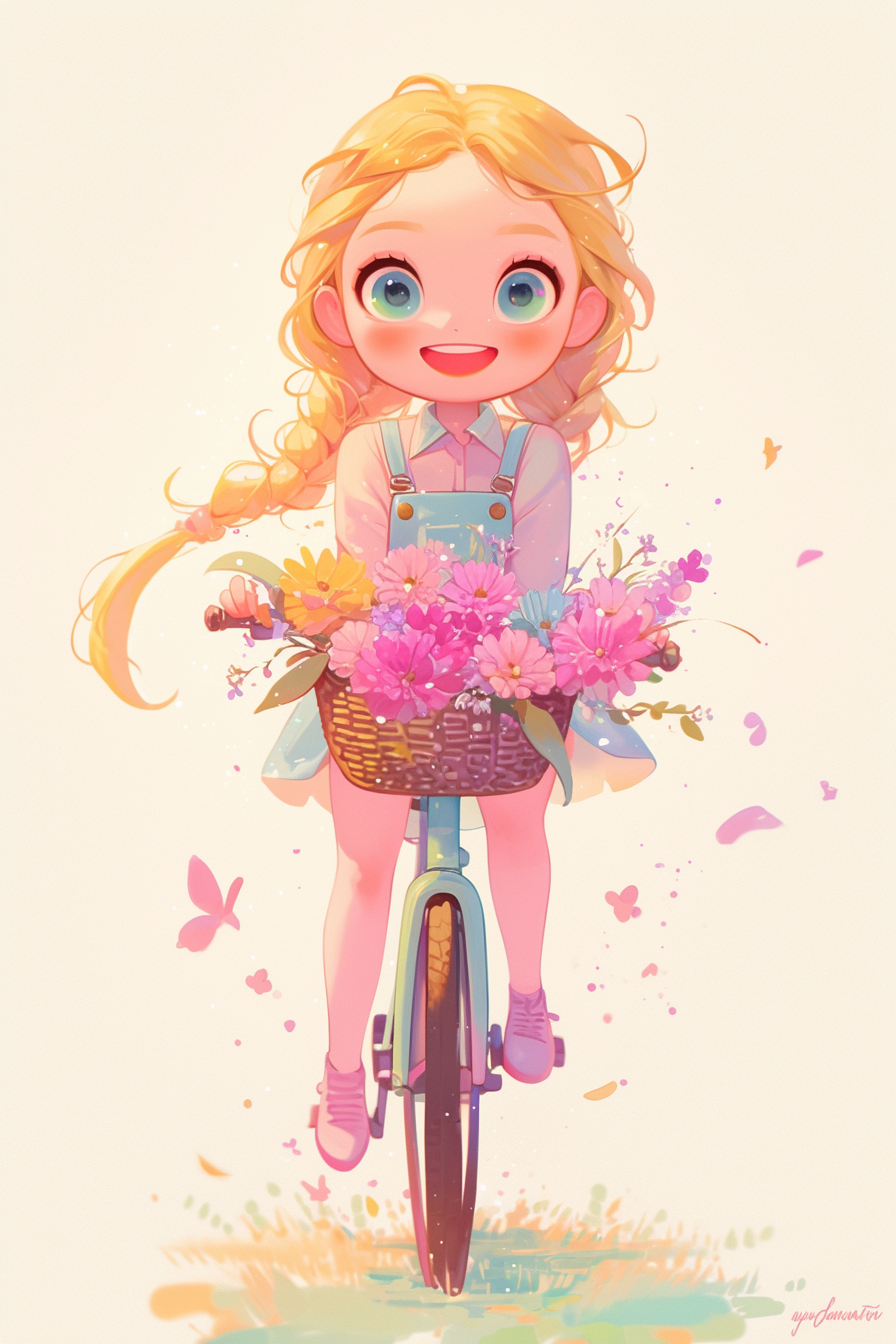 Cute smiling girl on bike with flowers.