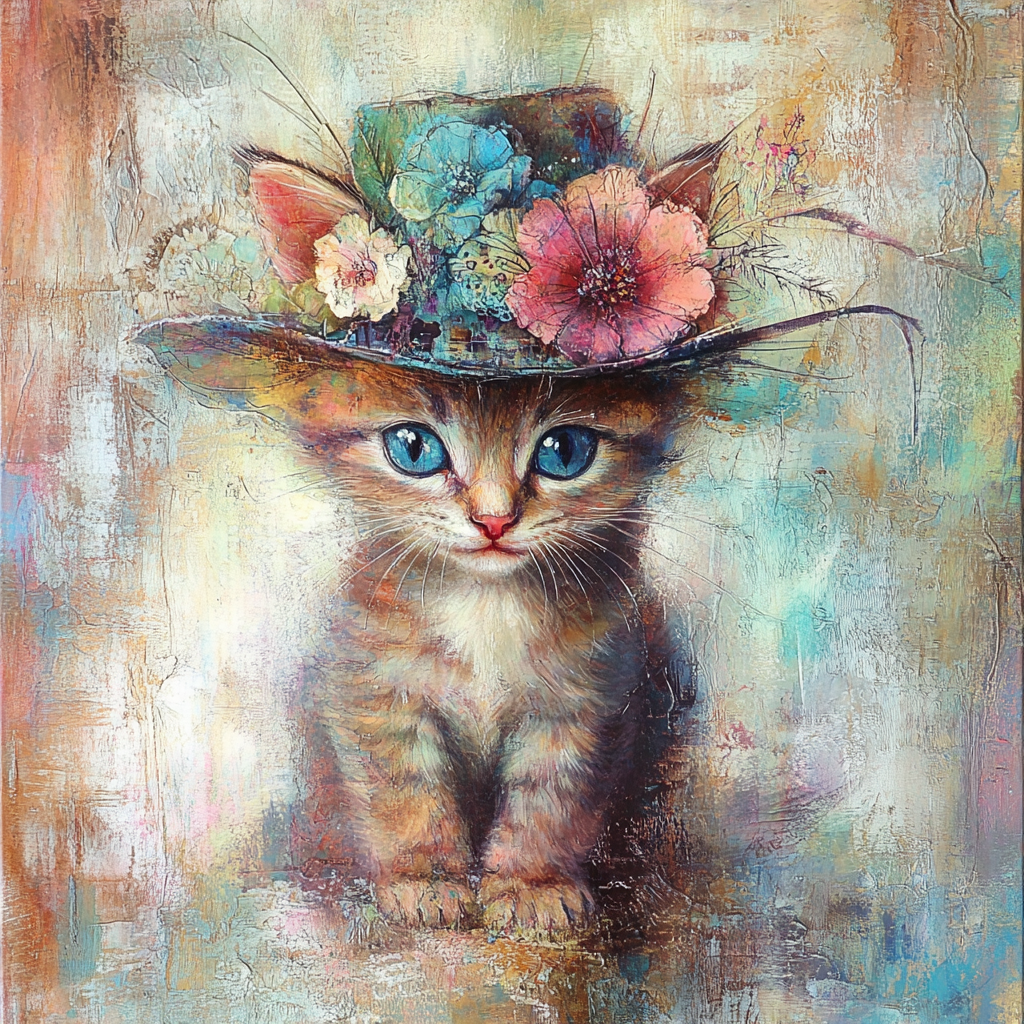 Cute tabby kitten in quirky hat, torn paper pieces.