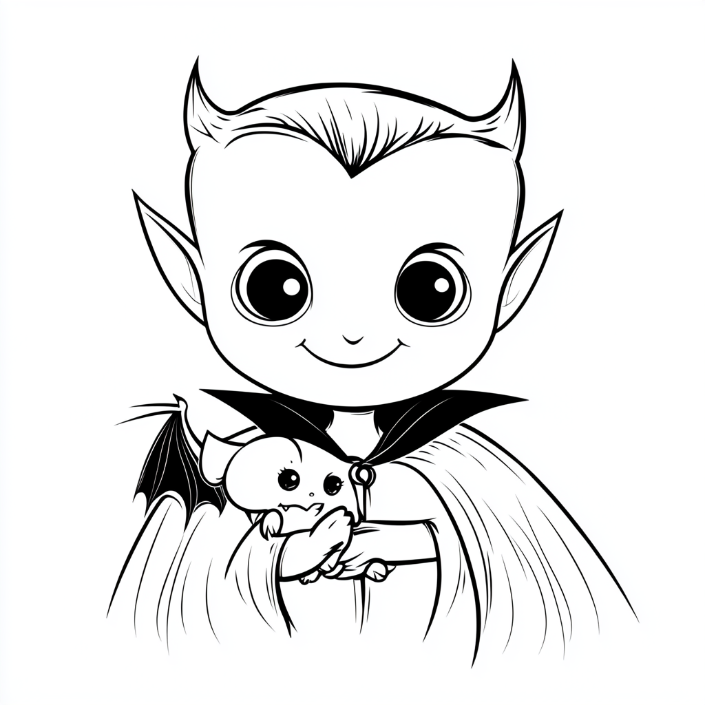 Cute vampire with bat, friendly face, high collar cape.