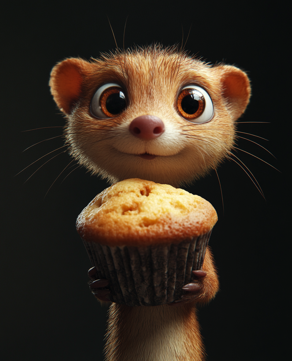 Cute weasel pulls muffin in funny cartoon style