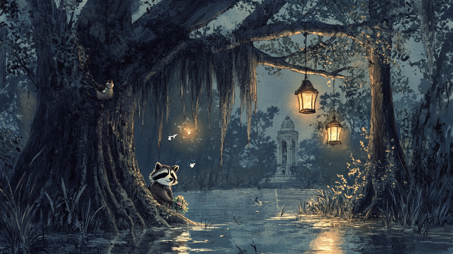 Cute wedding for raccoons in swamp-cathedral mix. Lanterns. Ink.