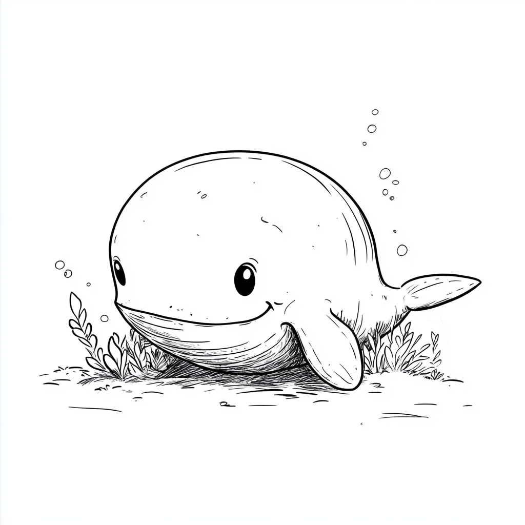 Cute whale illustration in black ink on white background.