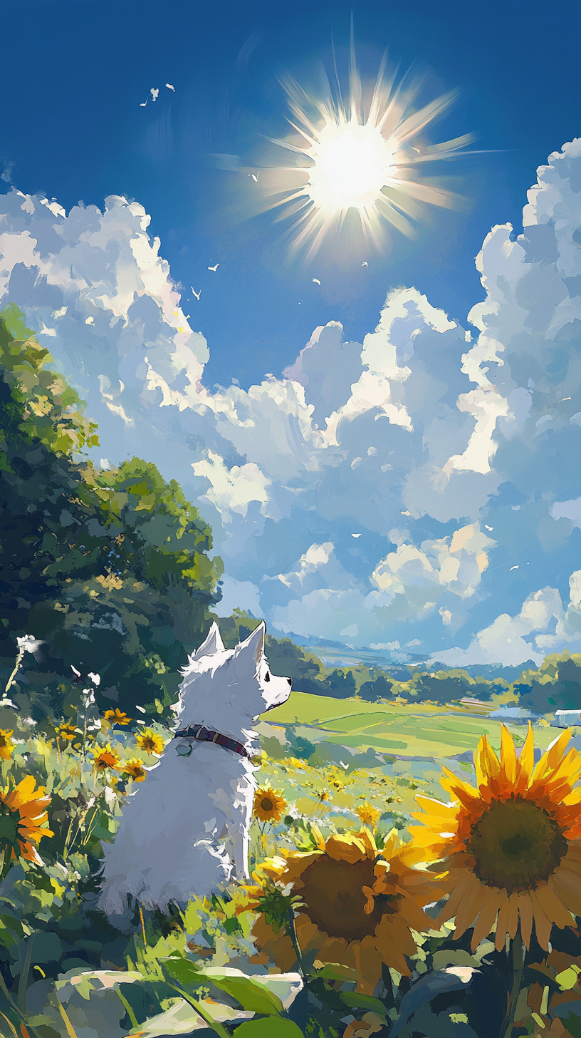 Cute white dog in Japanese countryside with sunflowers.