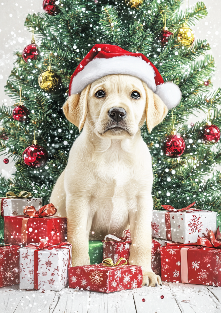 Cute yellow Labrador puppy in Santa hat on Christmas card