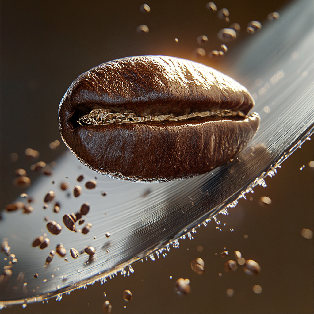 Cutting coffee bean: silver blade slices through