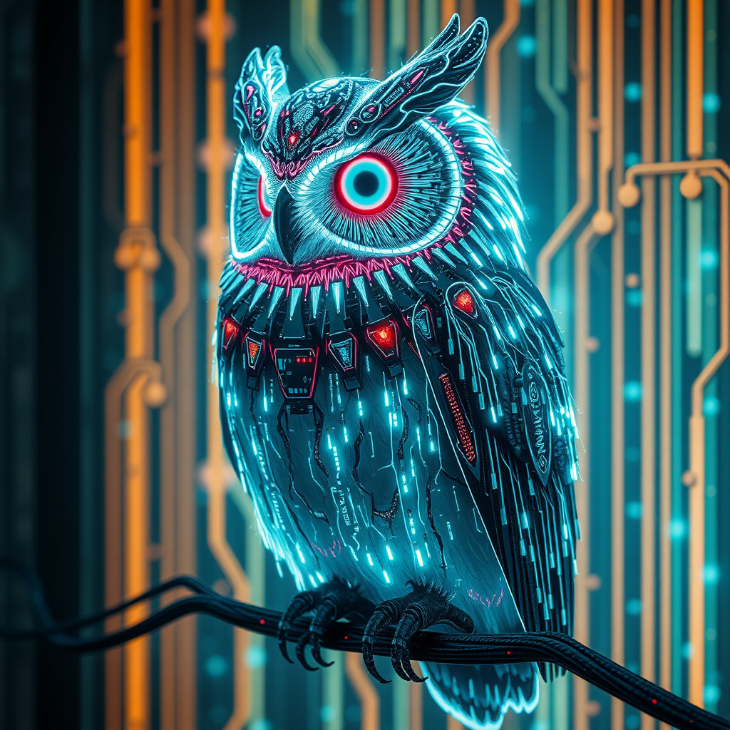 Cyber Owl in Glitchy Future with Floral Patterns