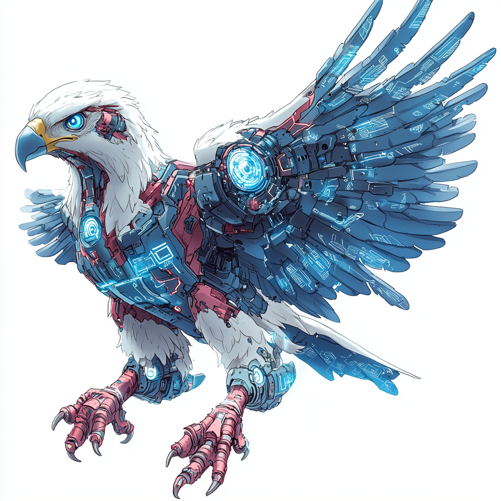 Cyber-enhanced eagle with metallic wings and glowing eyes.