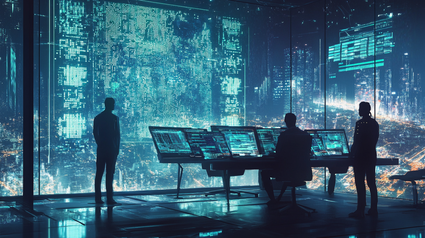 Cyber security team in futuristic workspace, dynamic and inviting