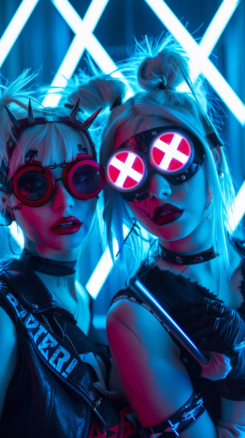 Cybergoth X girls with red tech goggles on ship.