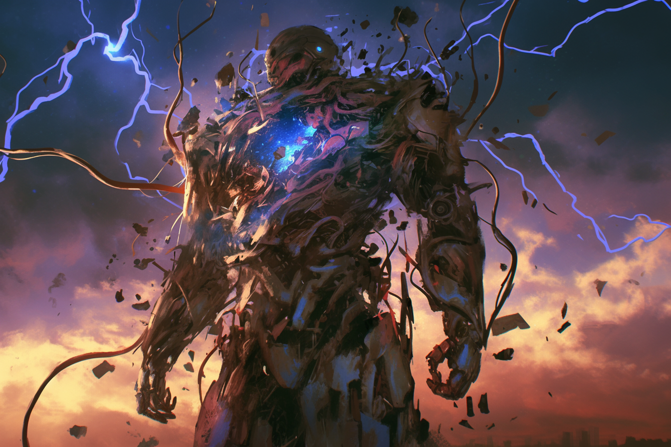 Cybernetic man chest explodes during thunderstorm, horror art style.