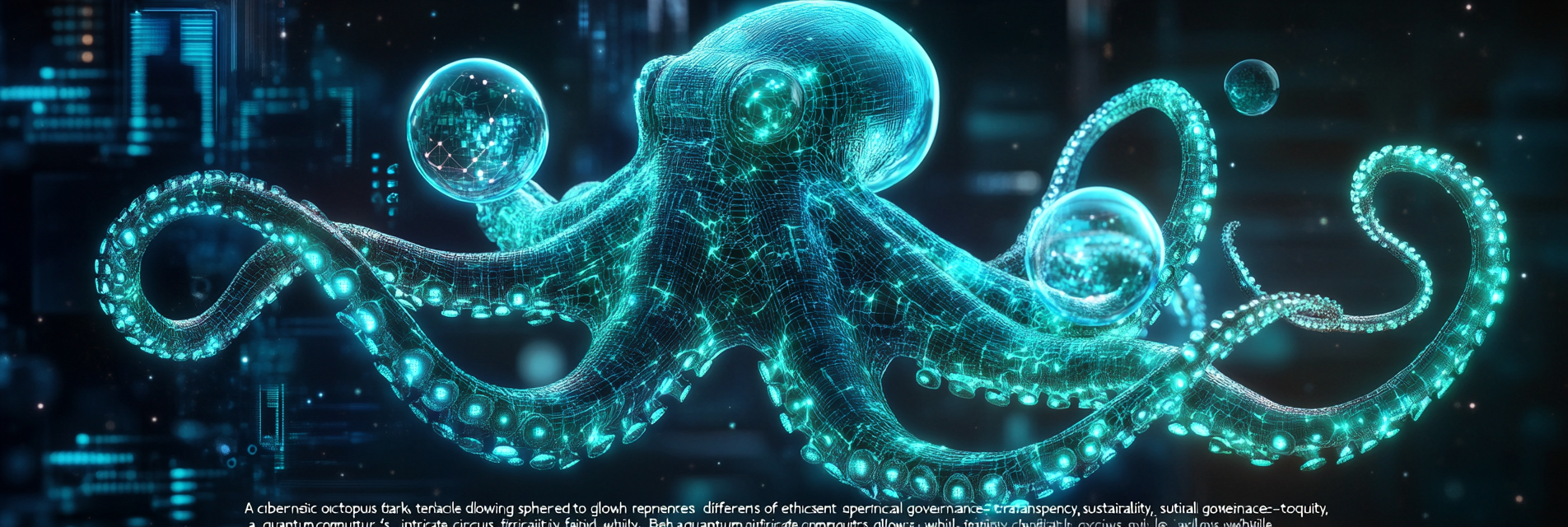 Cybernetic octopus connected to glowing spheres in void.