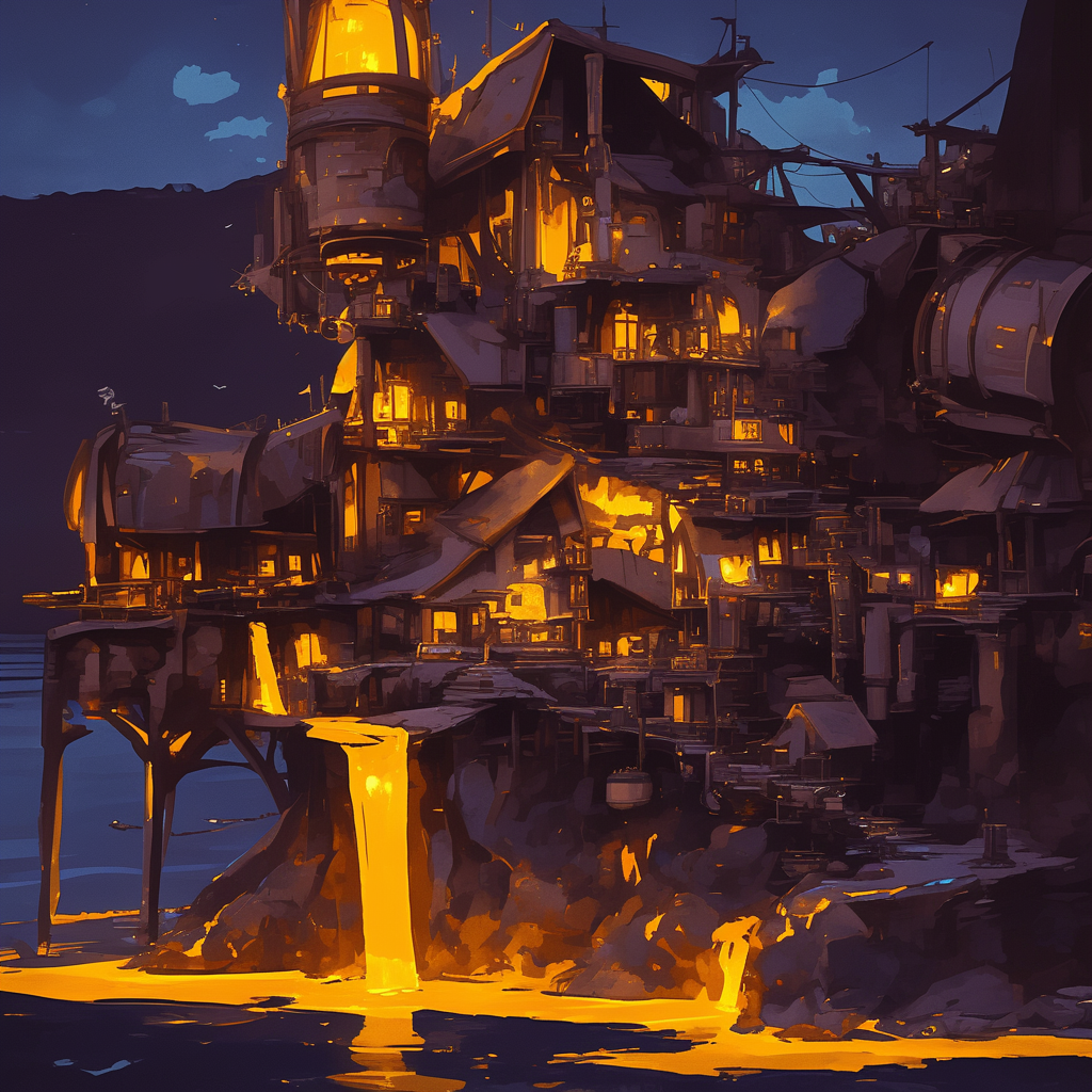 Cyberpunk English village on ocean shore concept art