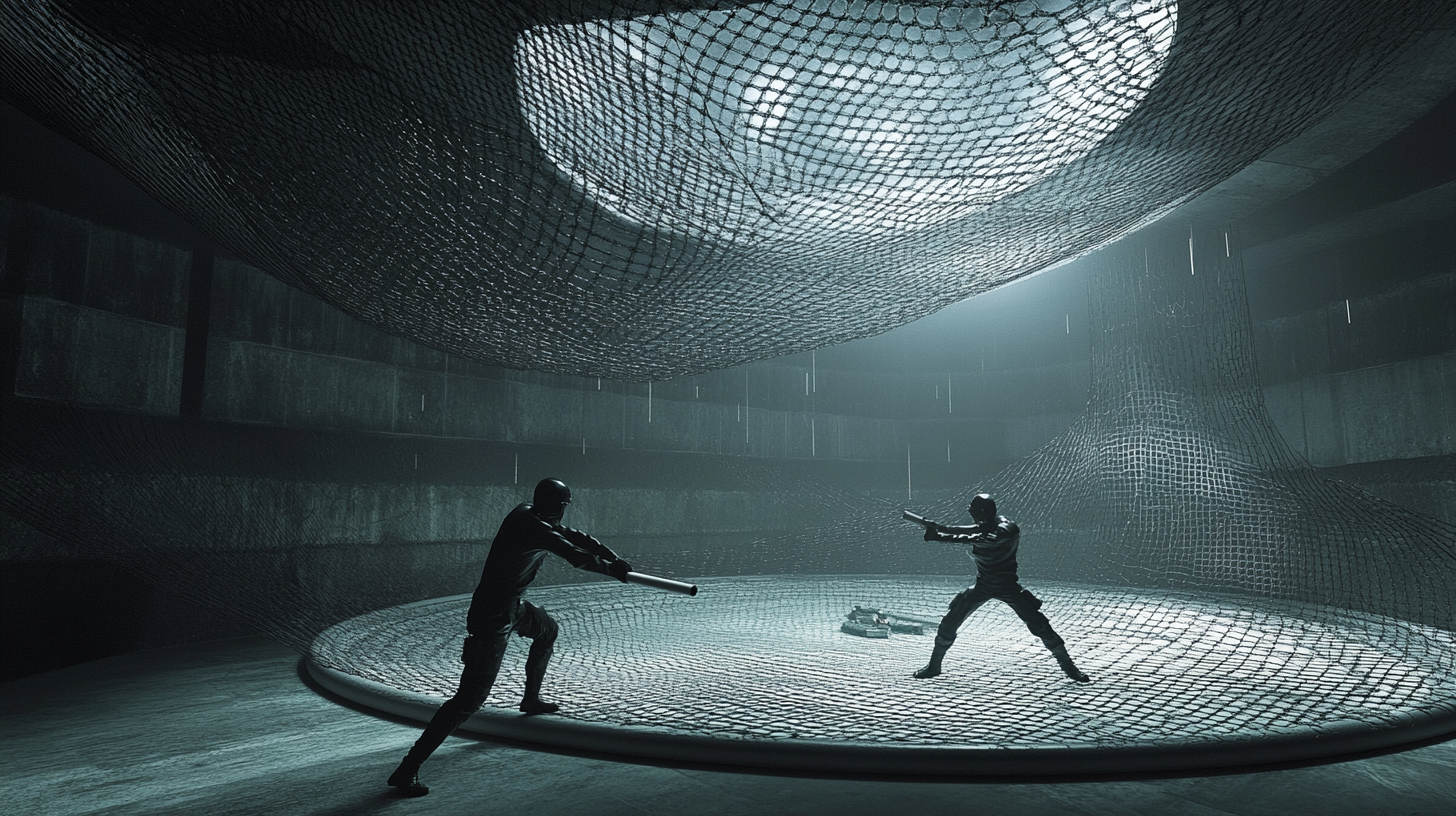 Cyberpunk amphitheatre: Dueling prisoners enclosed by electric nets