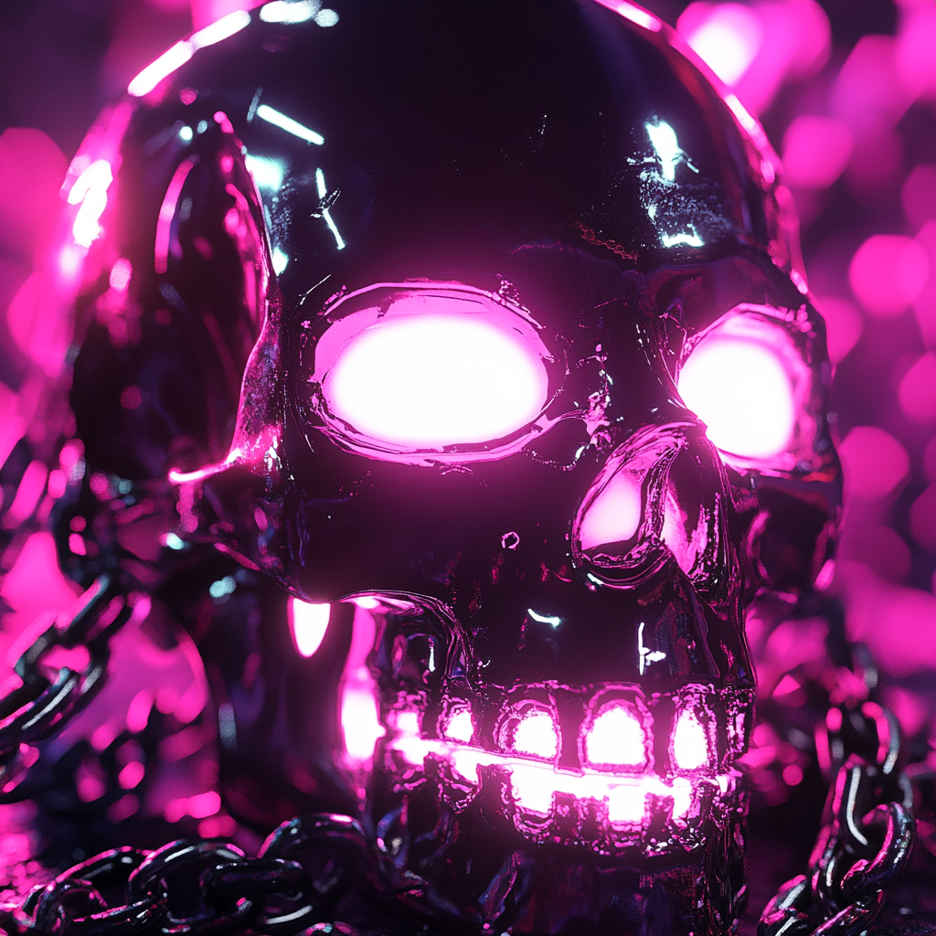 Cyberpunk anime skull with glowing eyes and chains.