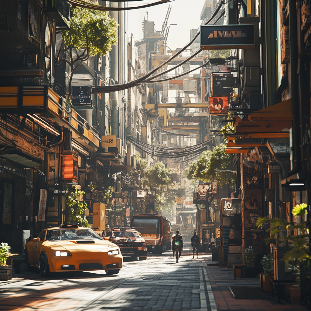 Cyberpunk city street in daytime with parked cars.