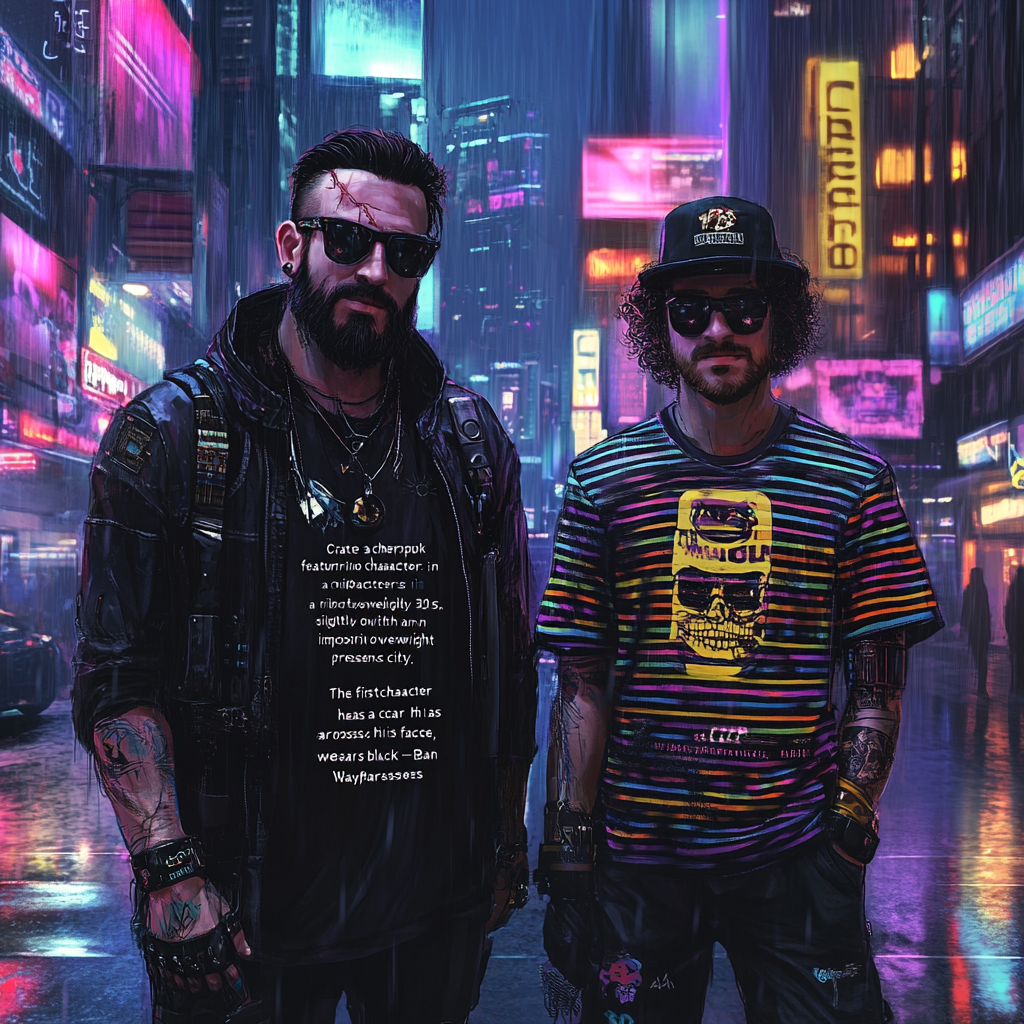 Cyberpunk city: rugged man and friendly companion stand together.