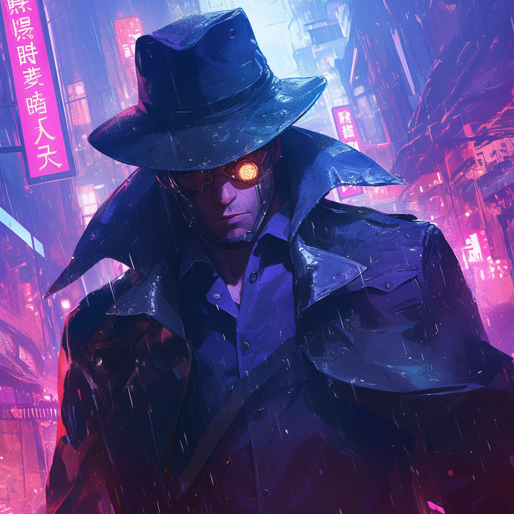 Cyberpunk detective in alley with futuristic hat and gadgets.