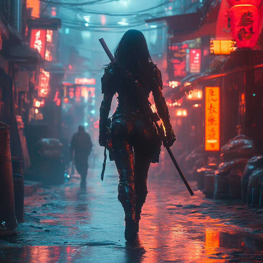 Cyberpunk femme fatale confidently wielding katana in neon.